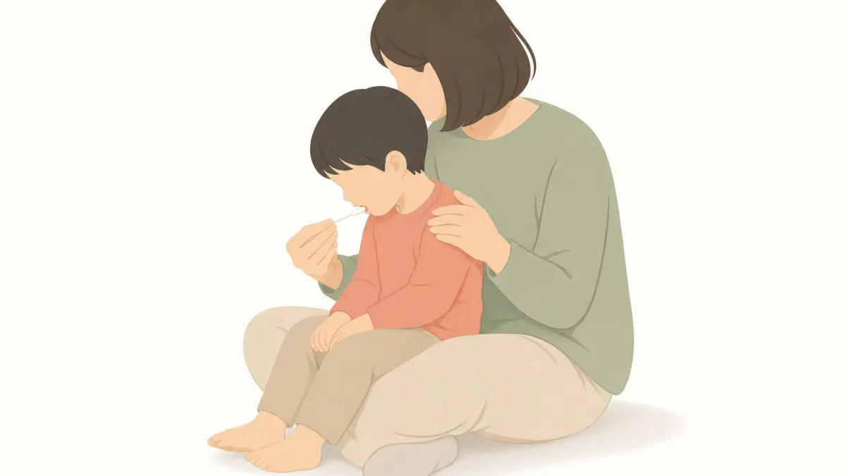 誤飲を防ぐため、保護者の膝の上で頭をやや下向きにする体位の工夫